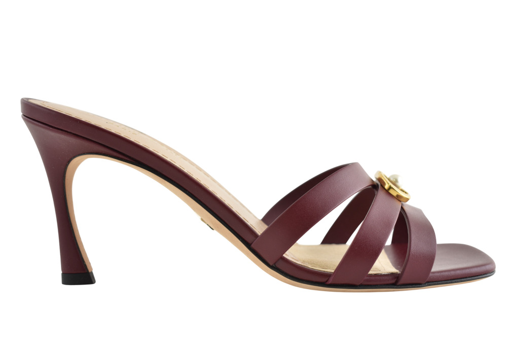 Dior Or 30M Bordeaux Red Leather Pearl Gold CD Logo Mule Backless Slide Heel 39